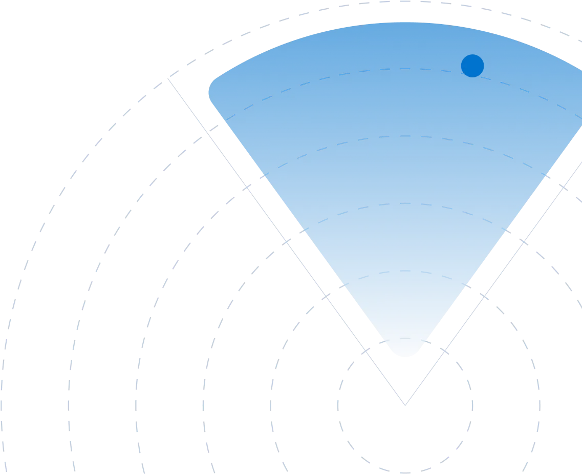 Radar screen graphic with concentric dashed circles and a blue scanning beam segment highlighting a solid blue dot near the edge of the sweep area.