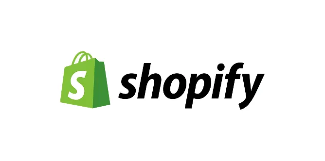 Shopify logo with a green shopping bag icon featuring a white 'S' followed by the word 'shopify' in black lowercase letters.