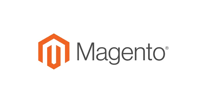 Magento logo with an orange hexagonal icon and the word Magento in gray next to it.
