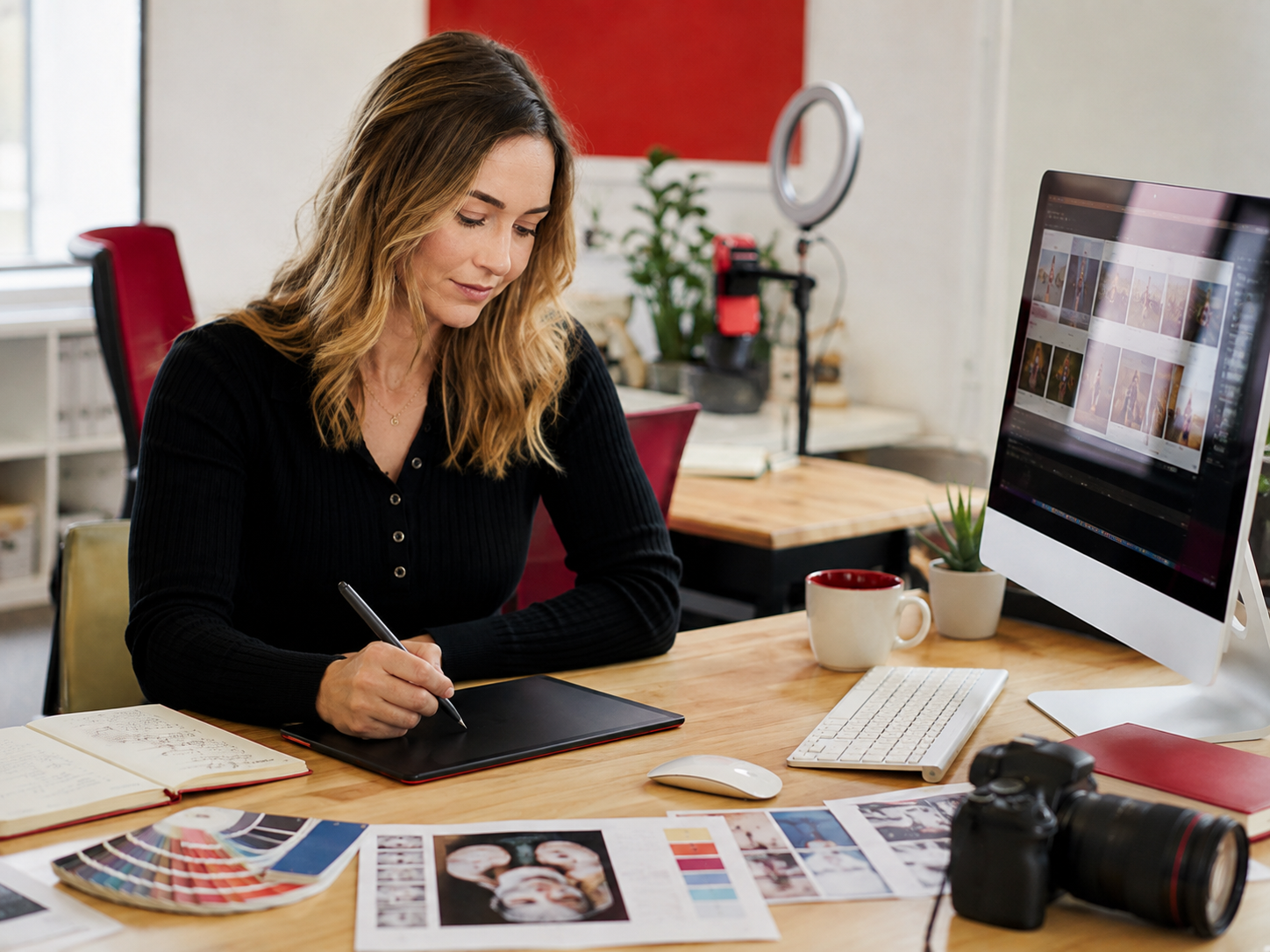 Professionnelle créant des visuels et contenus digitaux sur son ordinateur