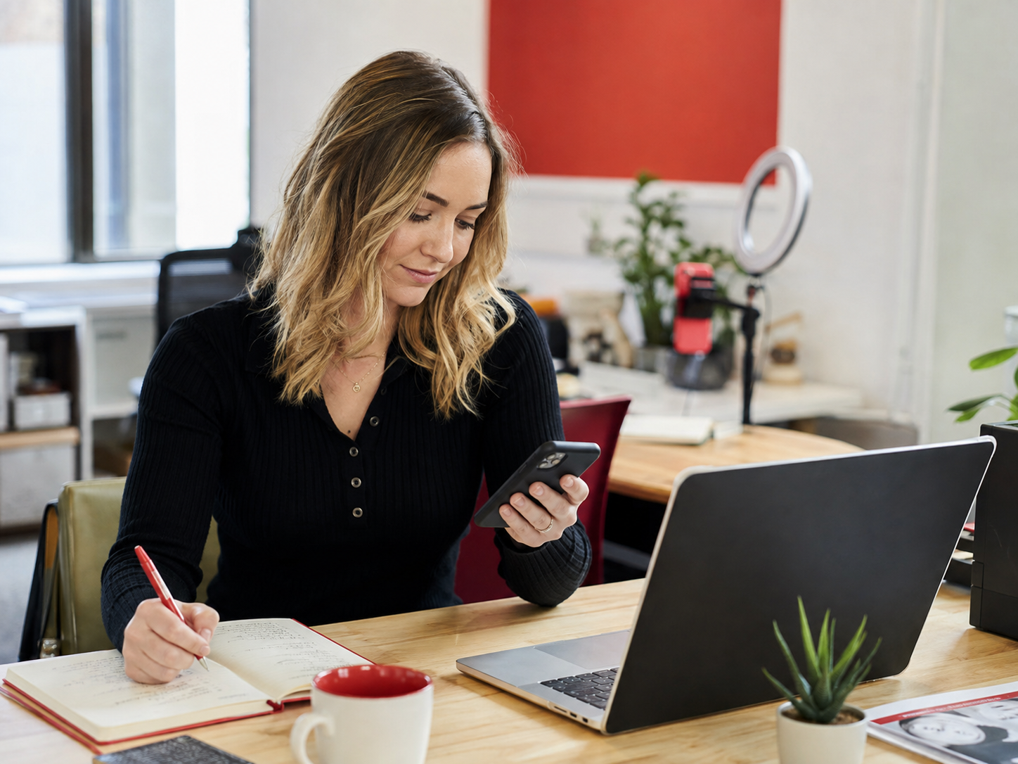 Professionnelle créant du contenu pour les réseaux sociaux pendant une formation