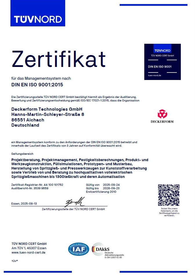 Zertifikat nach DIN EN ISO 9001 : 2015 für die Deckerform-Unternehmensgruppe