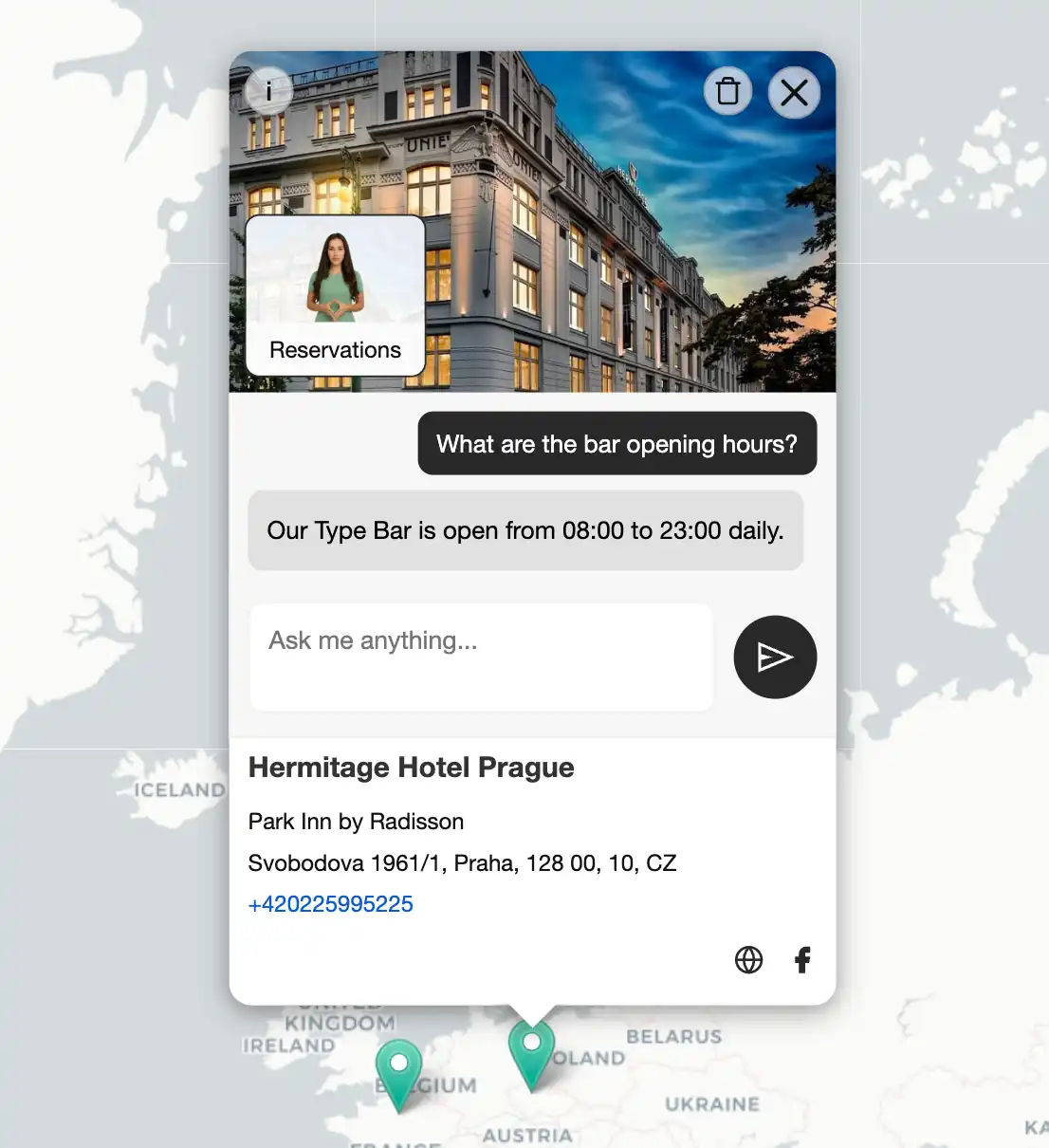 Screenshot of an interactive map agent card with active chat