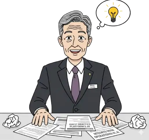 Hotelier interested in investing in hospitality AI happy and calm, having a smart idea.