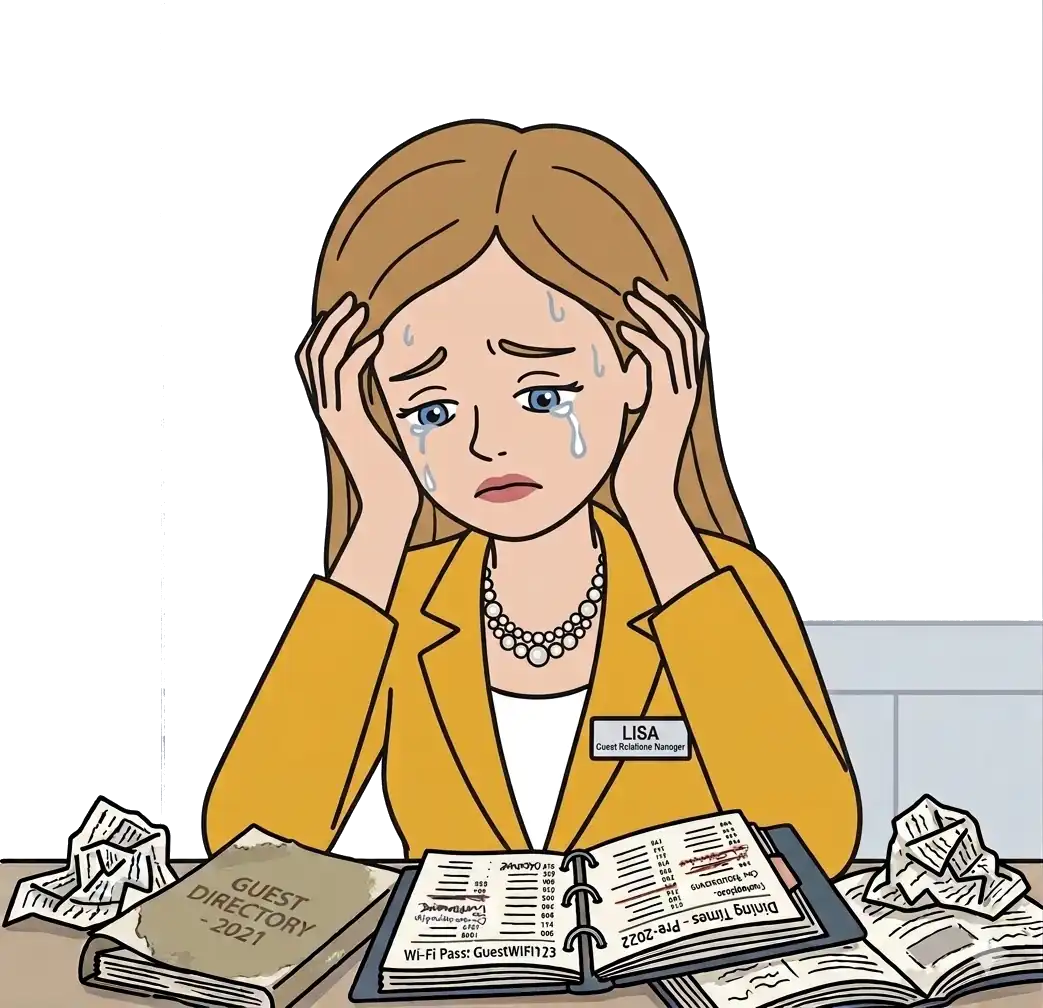 Guest Relations manager looking weary and discouraged at her desk while surrounded by stacks of outdated paper guest directories.