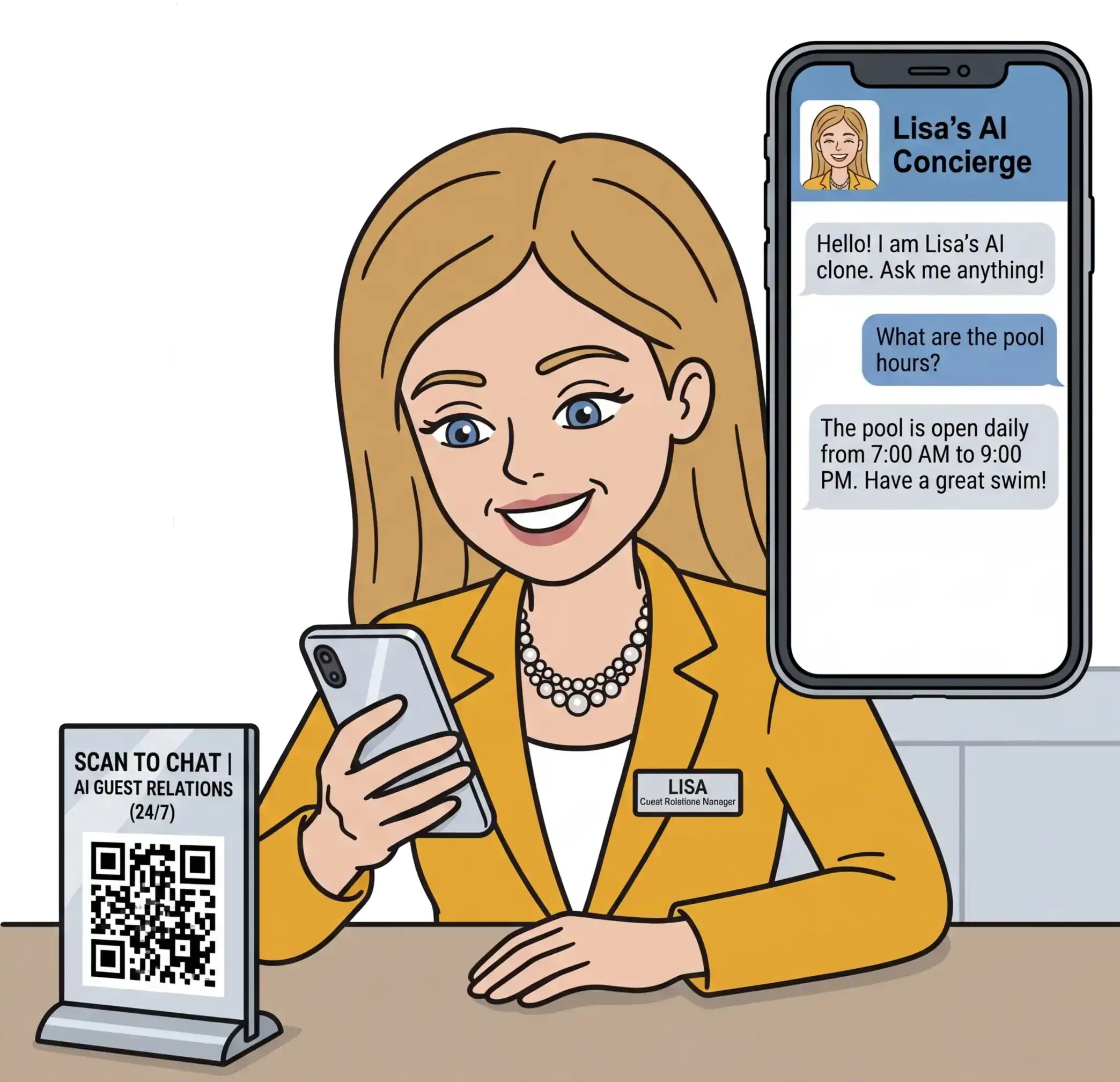 A happy Guest Relations manager, using her phone with a QR stand and her AI clone answering a guest question on an inset screen.