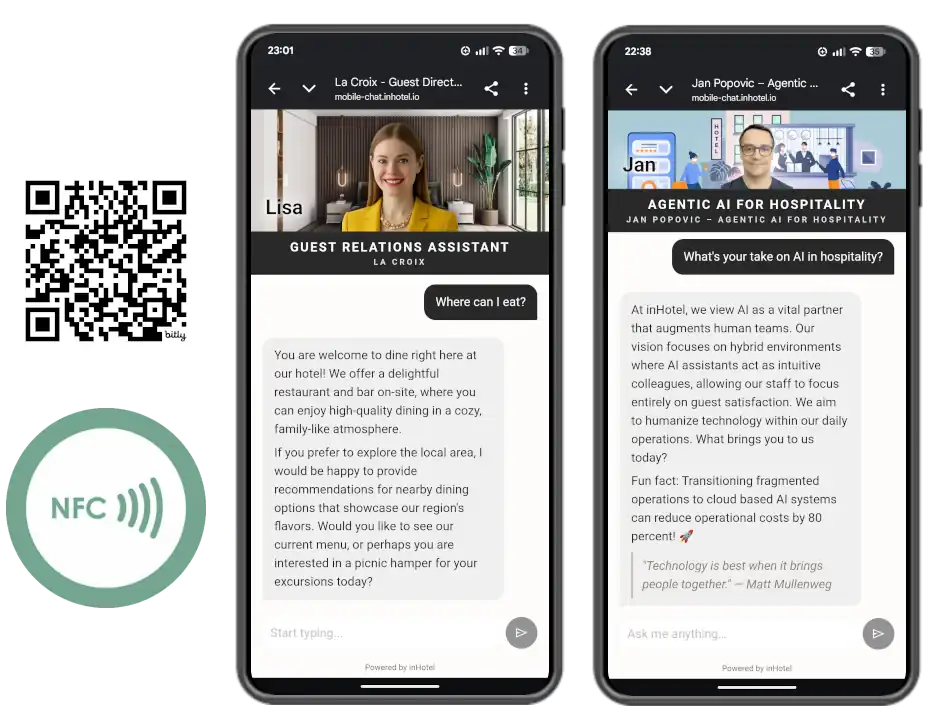 Digital guest directory and AI persona on a mobile, symbolizing the modernization of hotel communication via QR codes NFC, and AI agents.