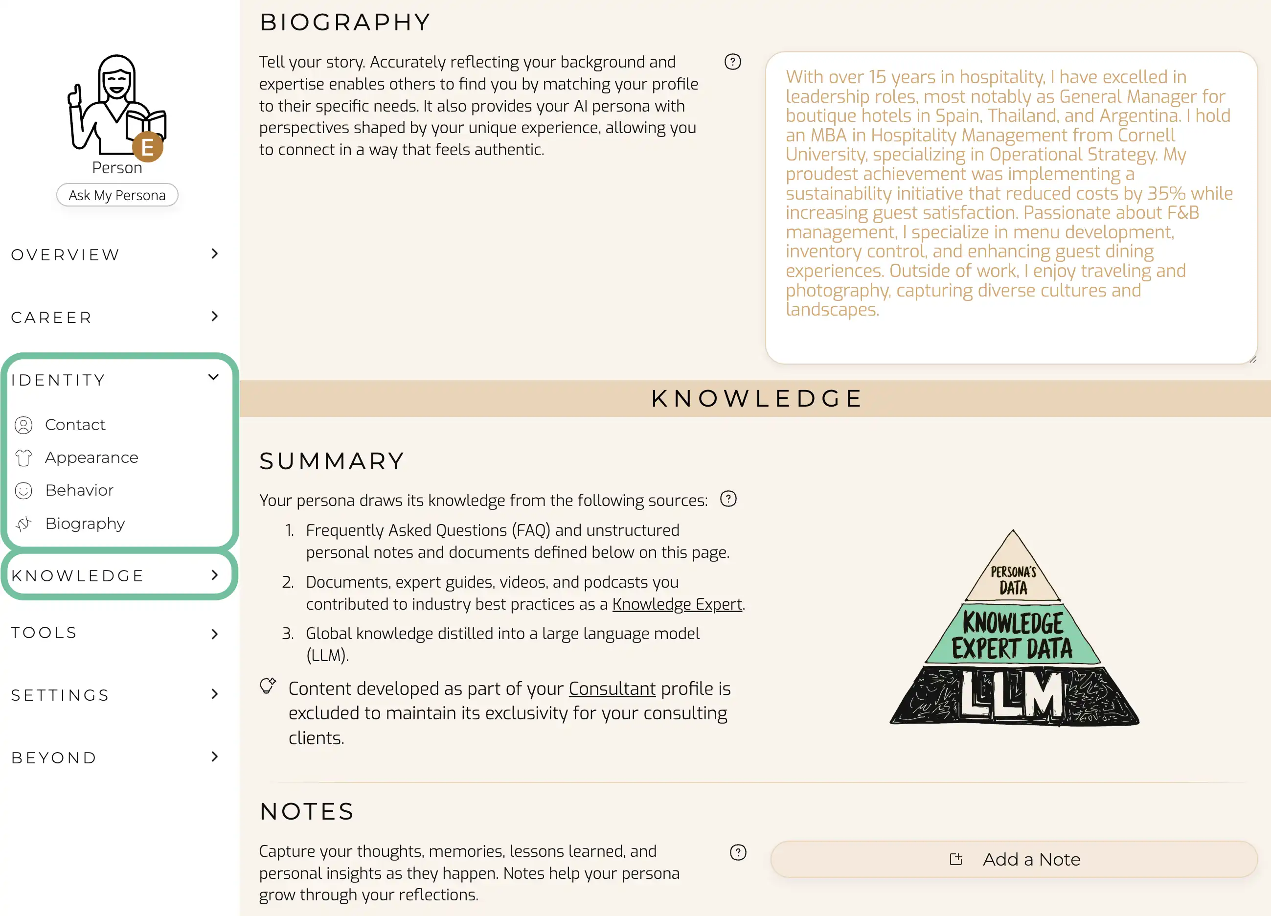 Screenshot of inHotel AI Persona Identity and Knowledge settings
