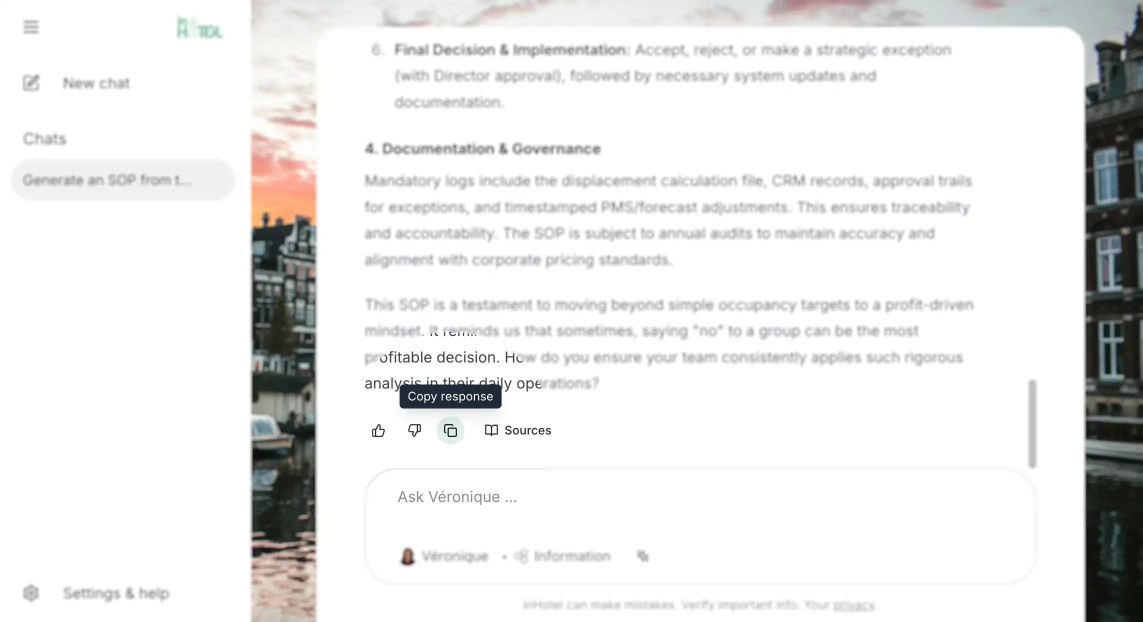 Screenshot of an inHotel AI Search response and the copy response button highlighted, demonstrating that users can copy rich formatted output directly.