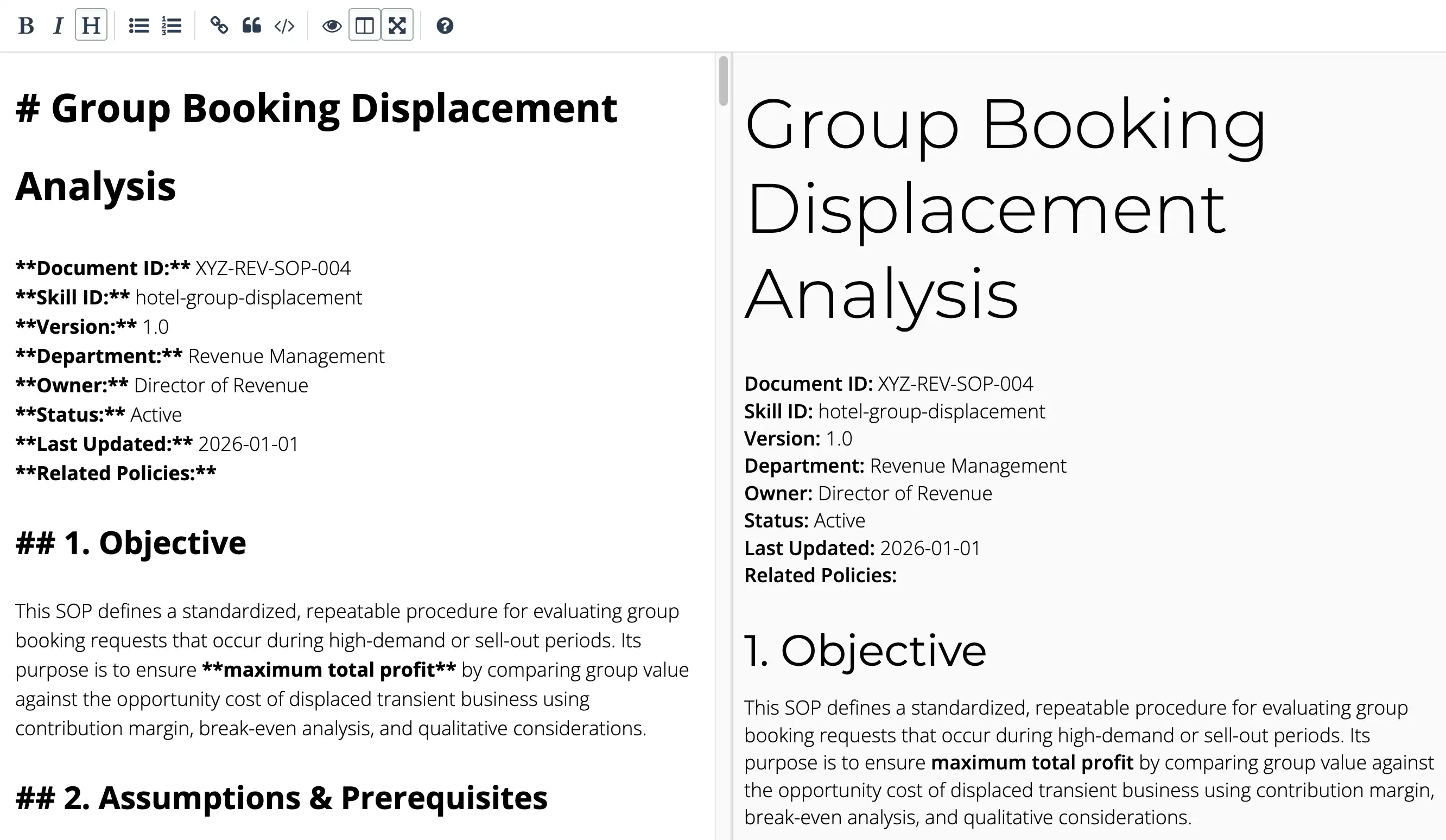 Side-by-side view of the inHotel note editor displaying Markdown on the left and the rendered formatted preview on the right.