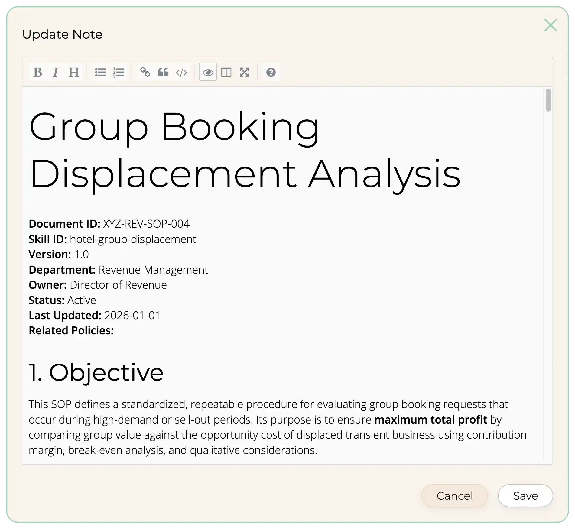 Screenshot of the inHotel Update Note window showing the Markdown editor with formatted headings, labels, and structured details rendered cleanly.