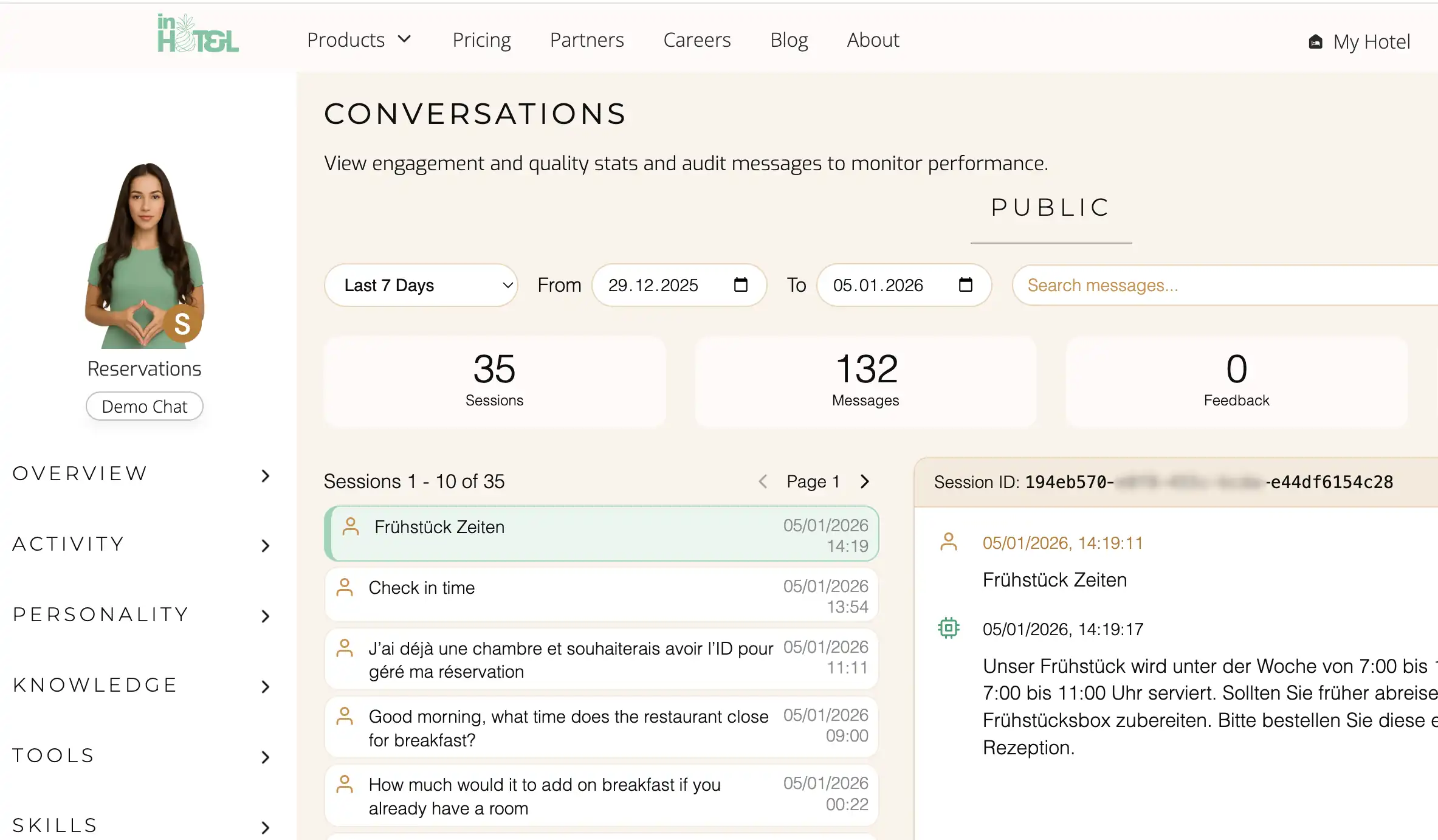 InHotel Conversations dashboard showing a list of AI chat sessions with guests, message statistics, date filters, and a detailed conversation view for a selected session, providing full visibility into agent interactions.