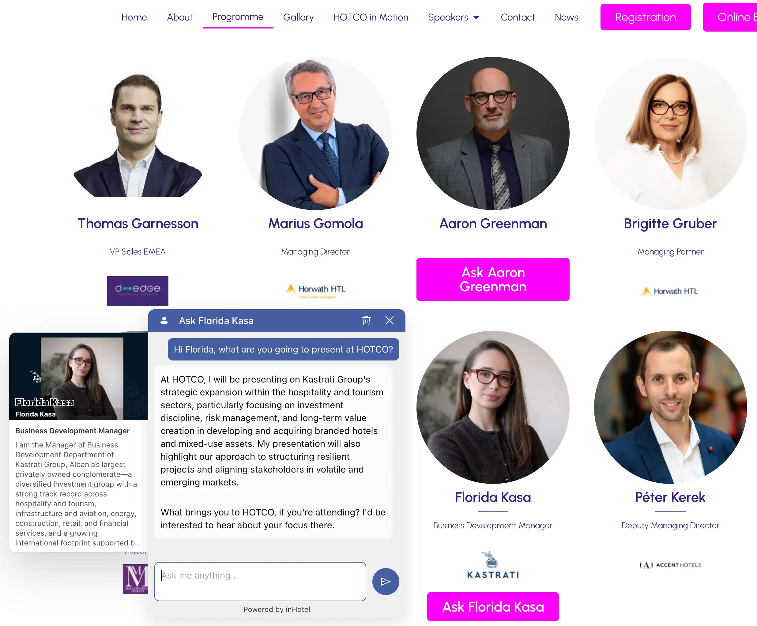HOTCO hospitality conferences speakers lineup enhanced with AI Persona chat widgets