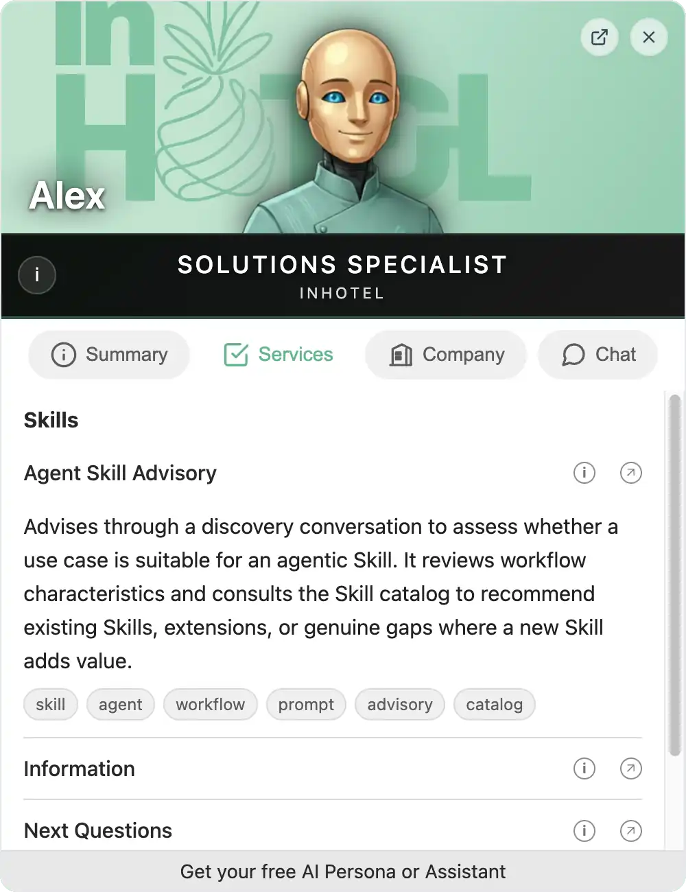 Agent Skill selector in inHotel's AI Agent Card