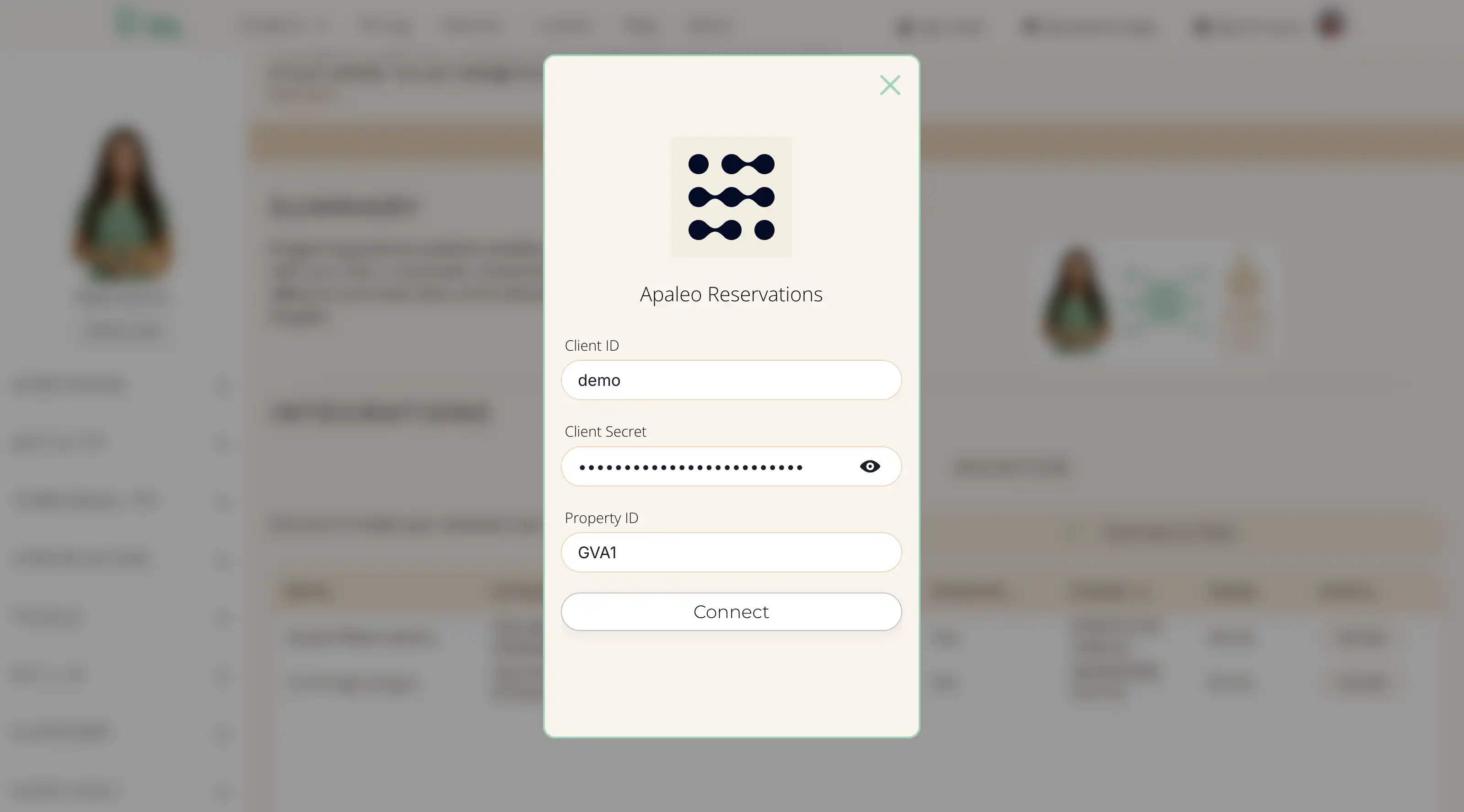 Screenshot of a secure OAuth2 client connection to Apaleo PMS for inHotel AI Assistant