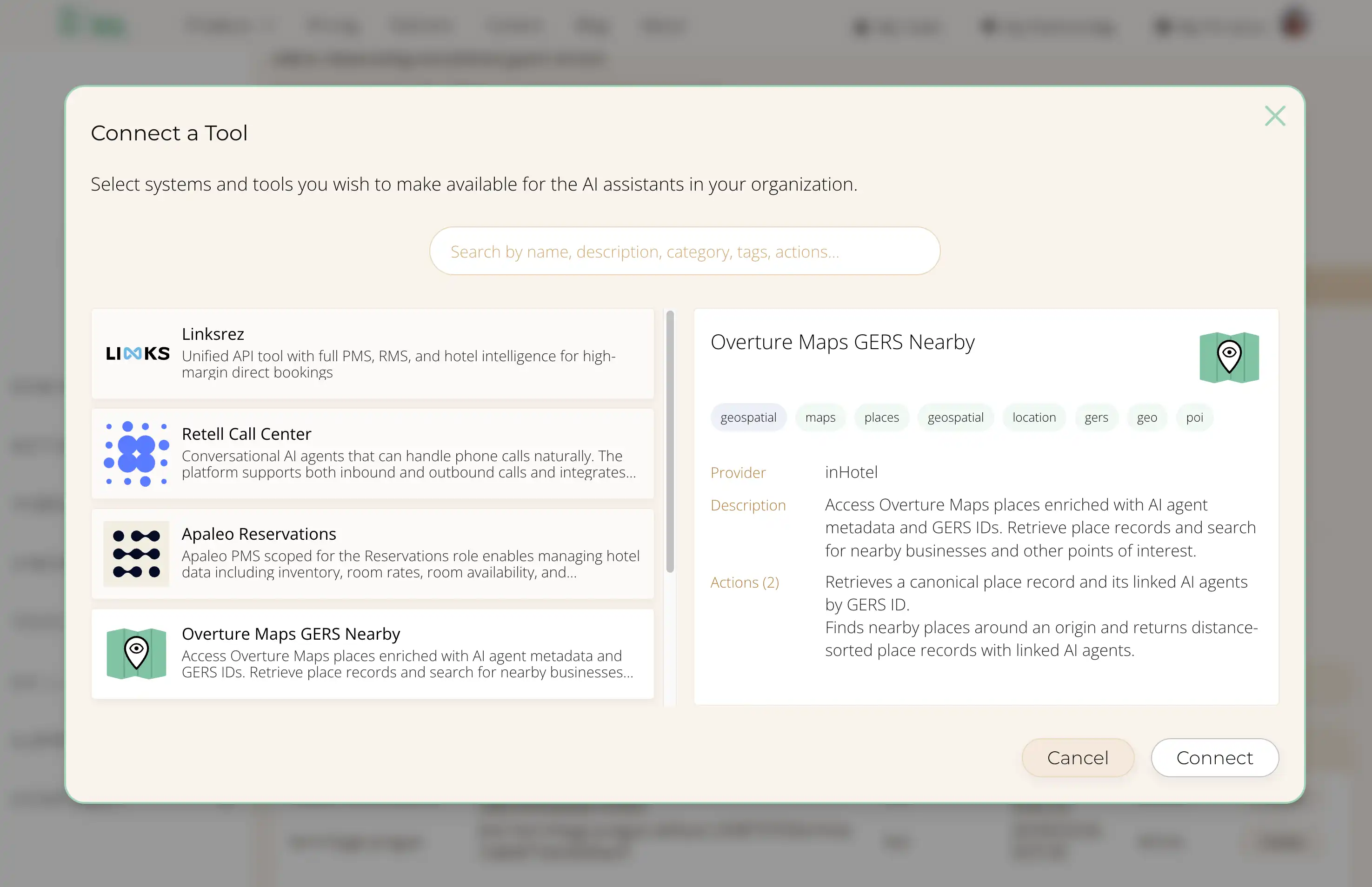 Screenshot of inHotel's API Tool Selector
