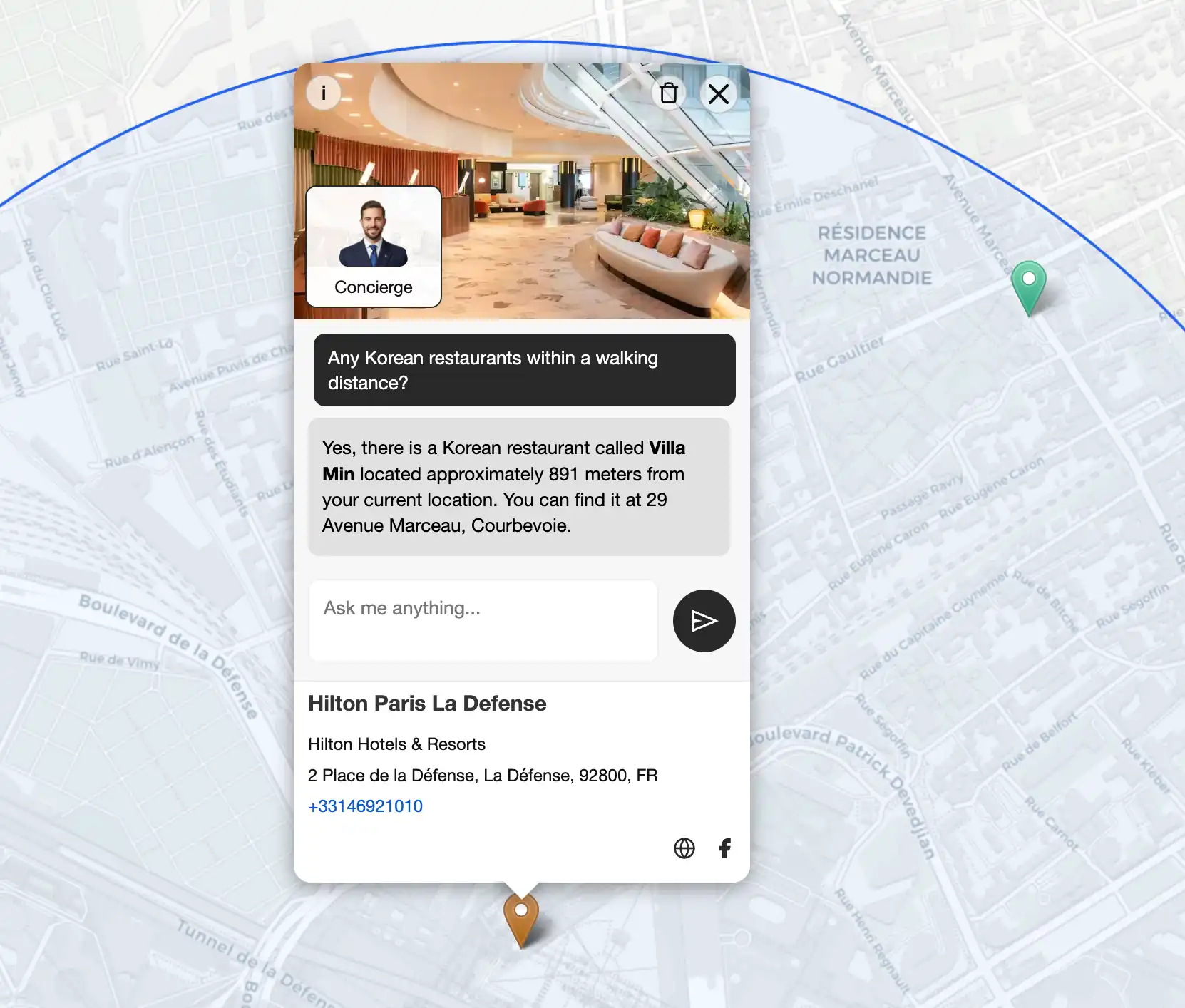 Screenshot of a restaurant search on a map performed by a hotel concierge agent equipped with the GERS API tool.