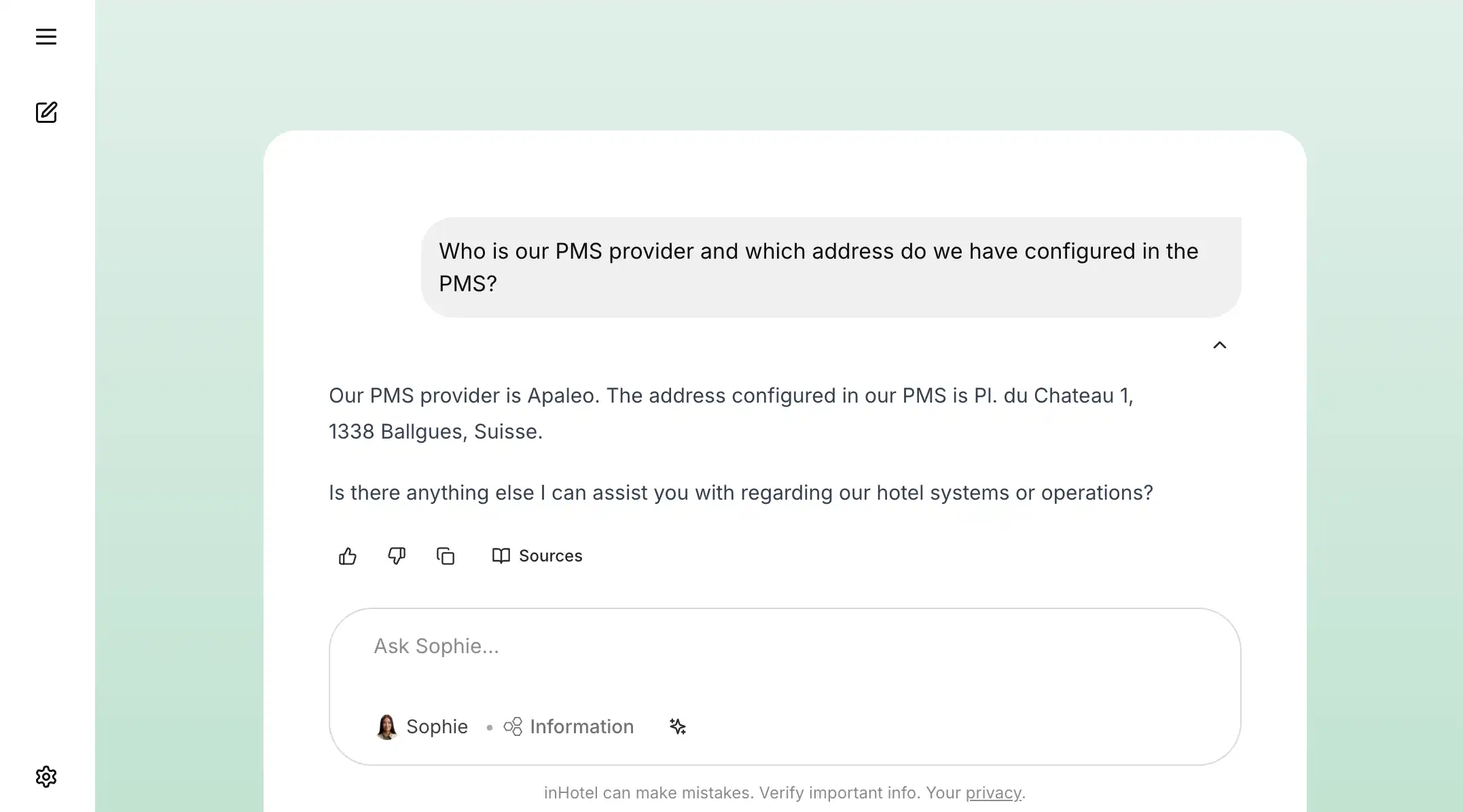Screenshot of a GM chatting with Apaleo PMS via their AI Assistant connected over an API Tools Connector