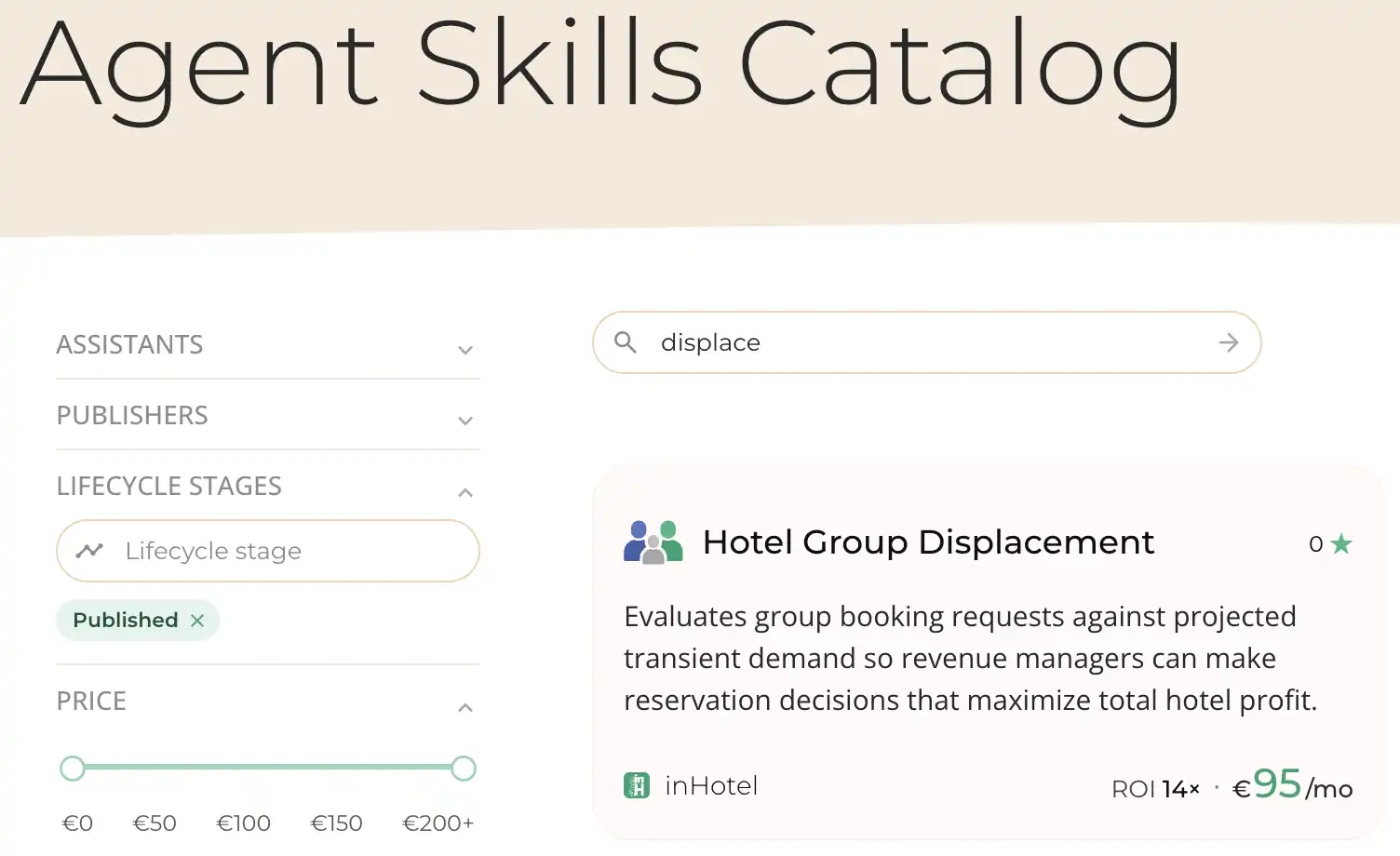 Screenshot of the inHotel Agent Skills Catalog showing a search for Hotel Group Displacement revenue management skill priced at 95 euros per month with a 14x ROI.