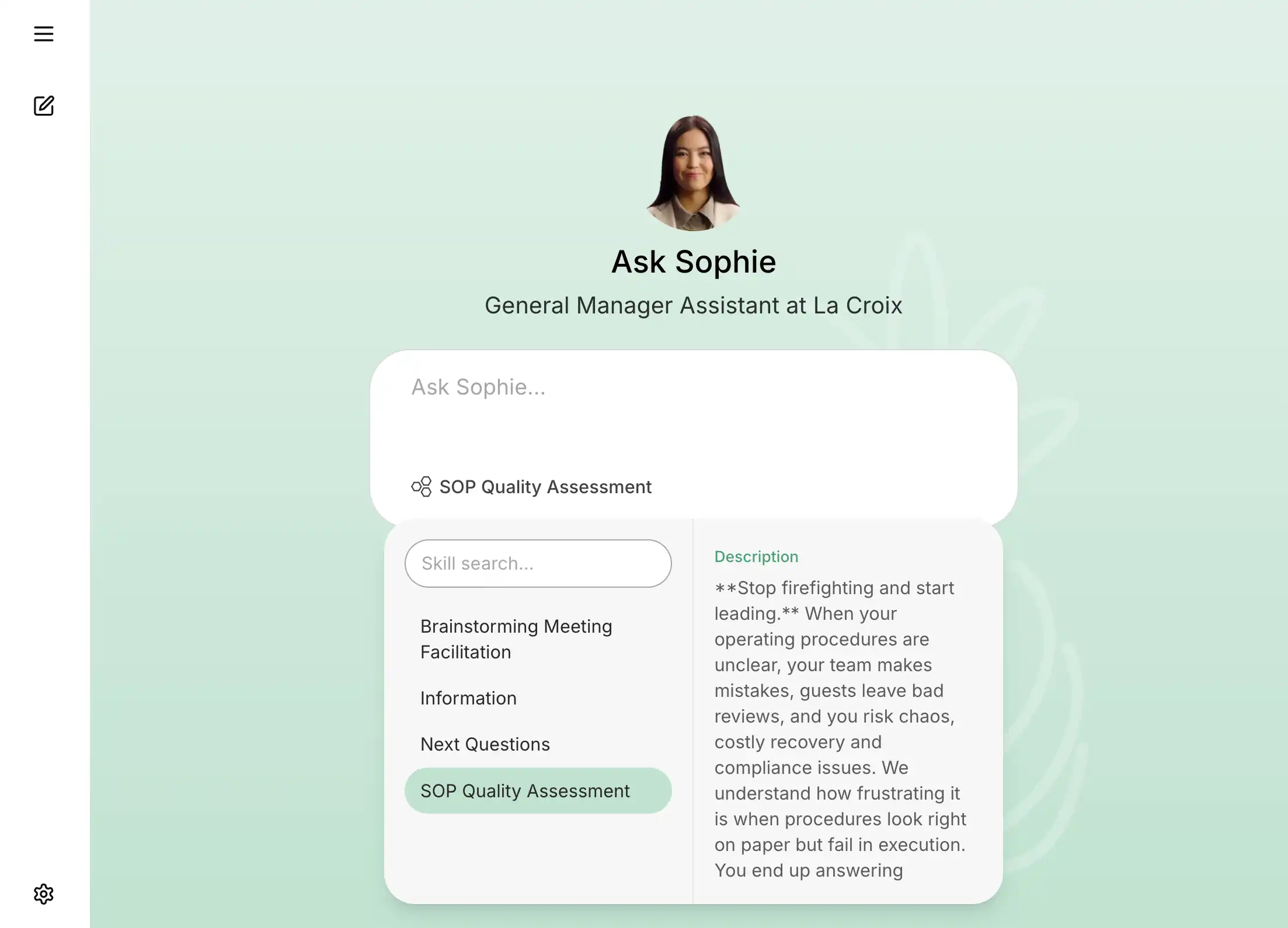 AI Search hospitality user interface with an agent skill selector.