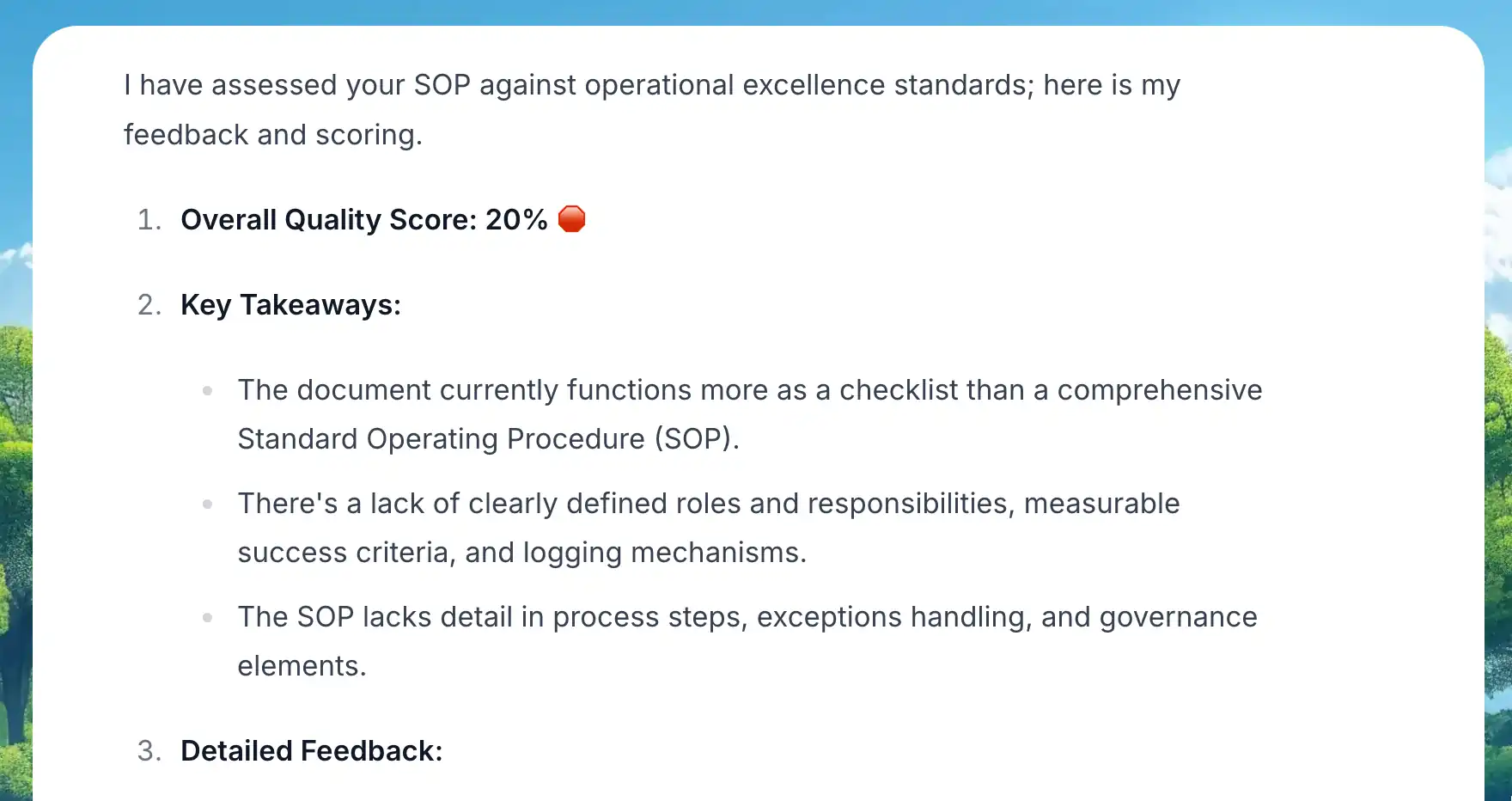 An assessment of a Siteminder hotel SOP example by an AI agent's SOP Quality Assessment skill. The evaluation provides a 20% quality score and identifies critical failures in operational excellence, specifically citing a lack of governance, measurable success criteria, and detailed process steps.