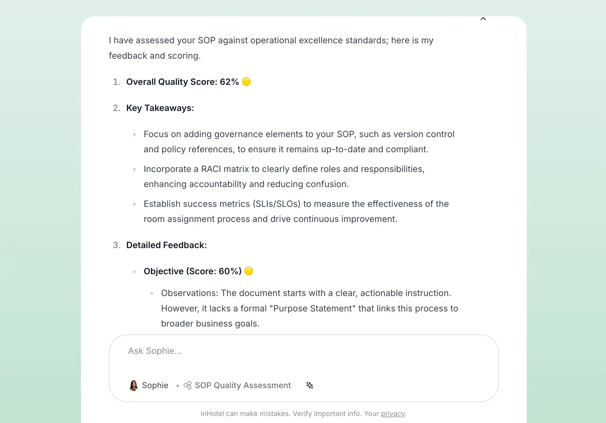 Screenshot showing the SOP Quality Assessment AI agent skill provides overall score, key takeaways, and objective clarity.