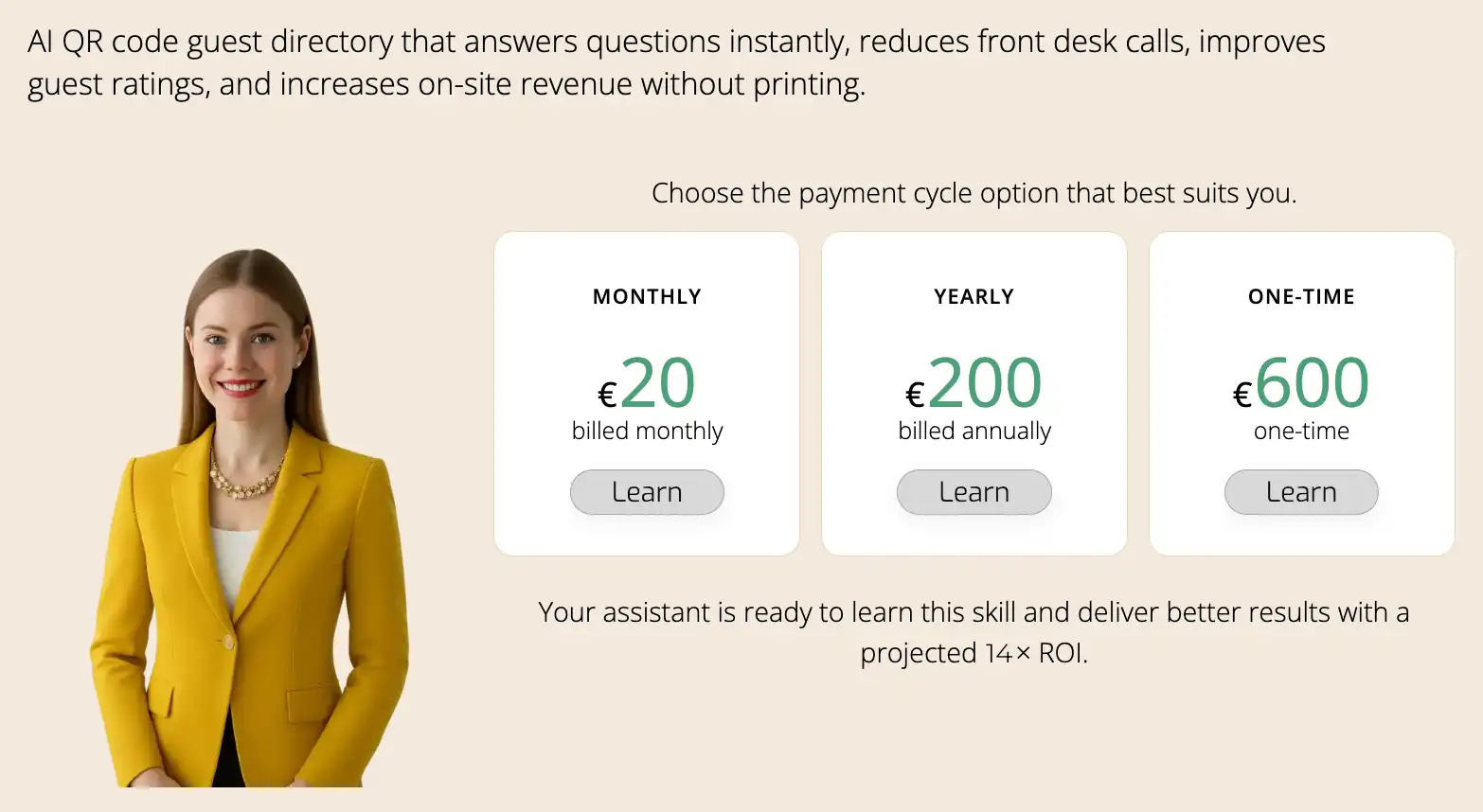 Guest Directory agent skill payment cycle screen enables the selection from €20/month, €200/year, or a €600 one-time.