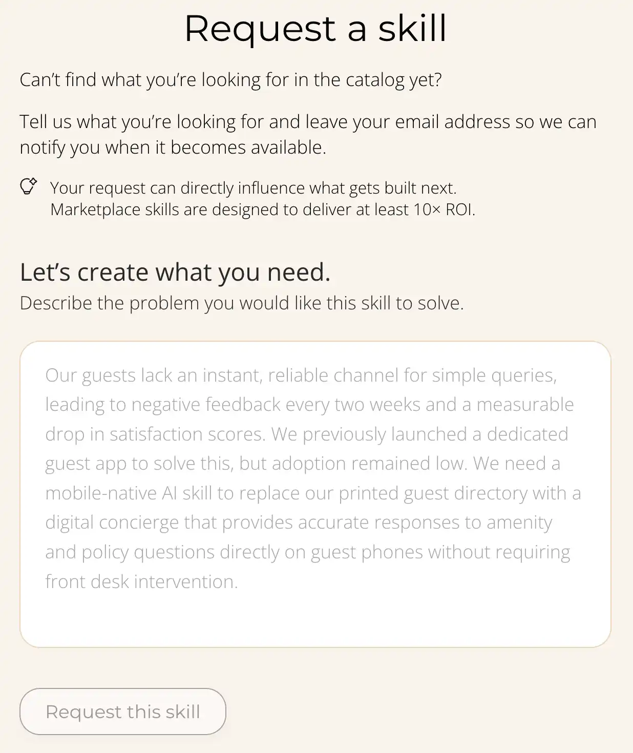 Screenshot of a "Request a skill" form that enables the person to describe the problem they would like the skill to solve.