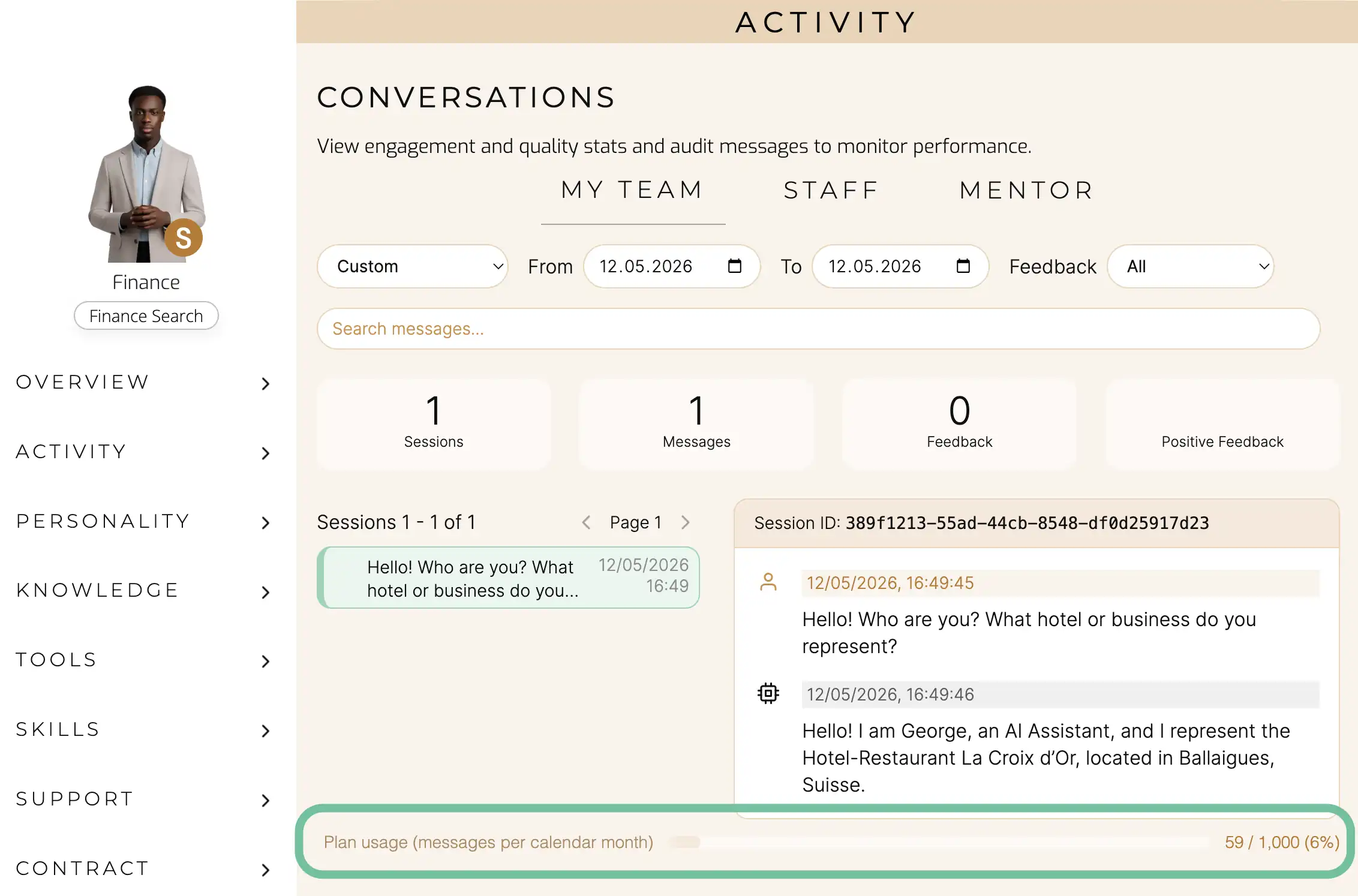 A sScreenshot of inHotel customer portal showing how users can monitor their assistant's monthly message count policy usage.