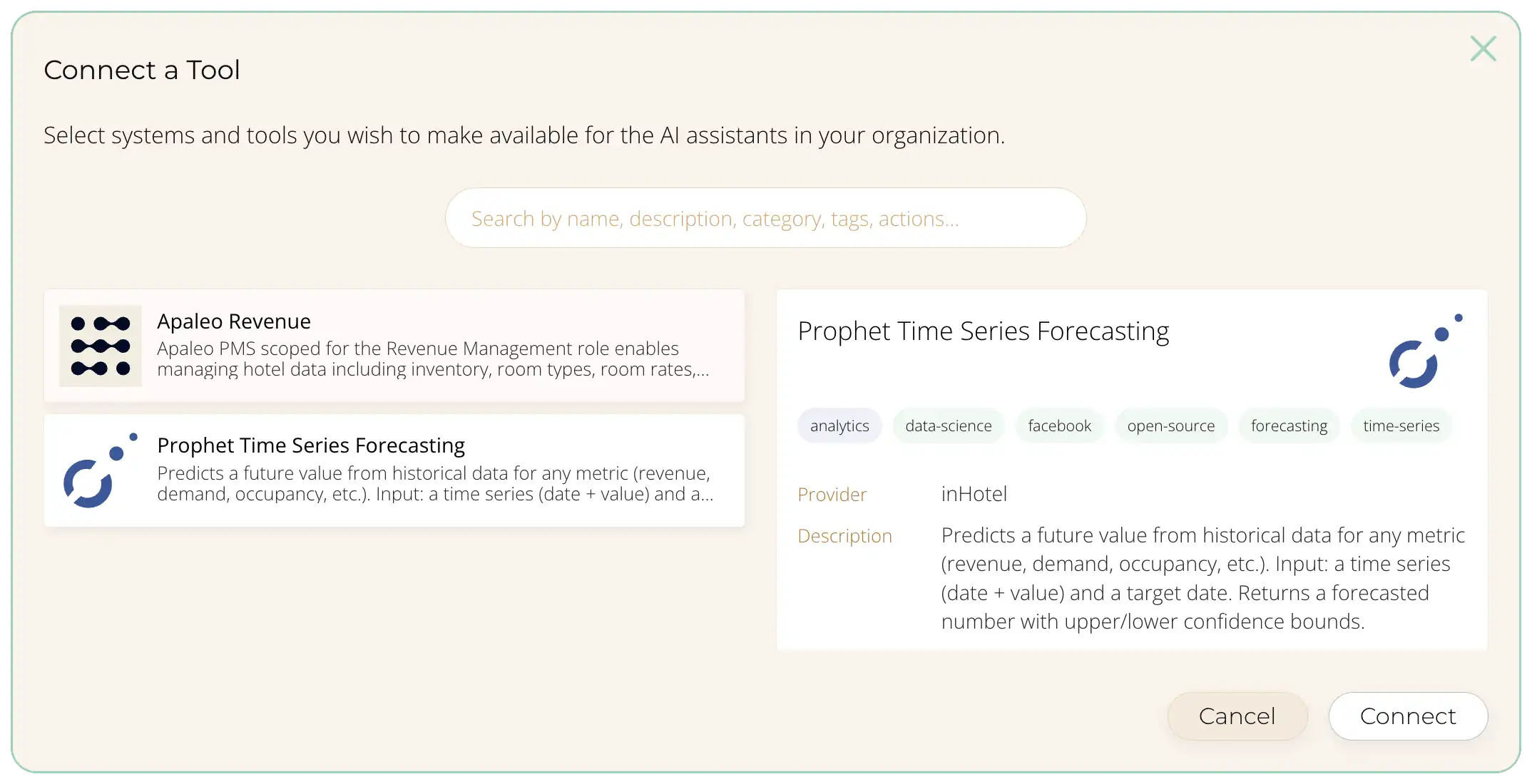 inHotel Connect a Tool screen showing Prophet Time Series Forecasting selected for an AI assistant.