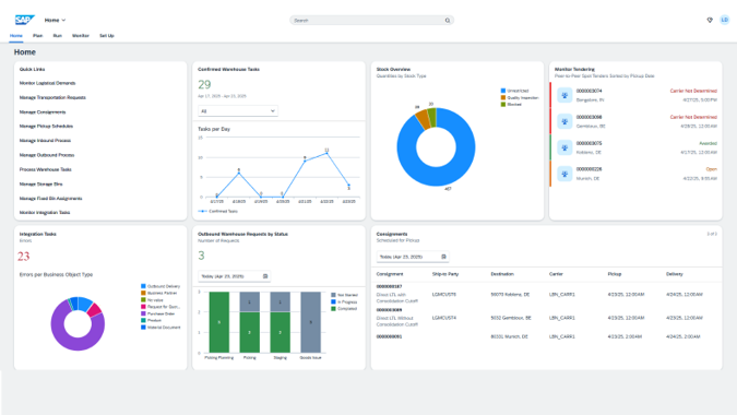 SAP warehouse dashboard showing tasks, stock overview, requests, consignments, and error insights charts.