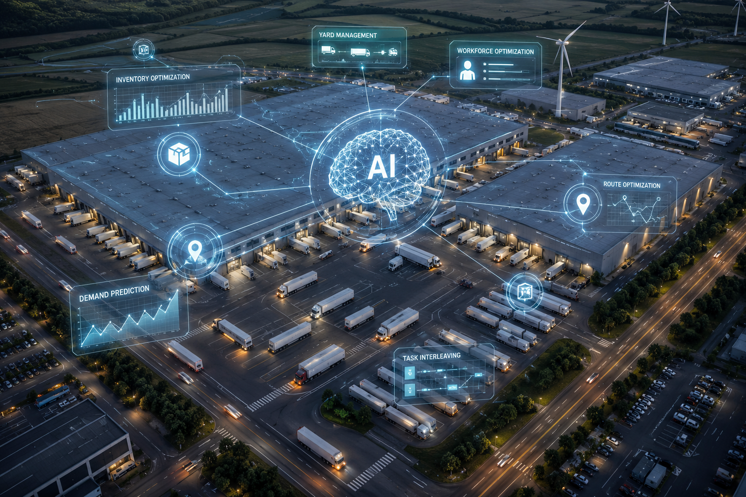 Visualización con IA de un centro logístico con conectividad digital