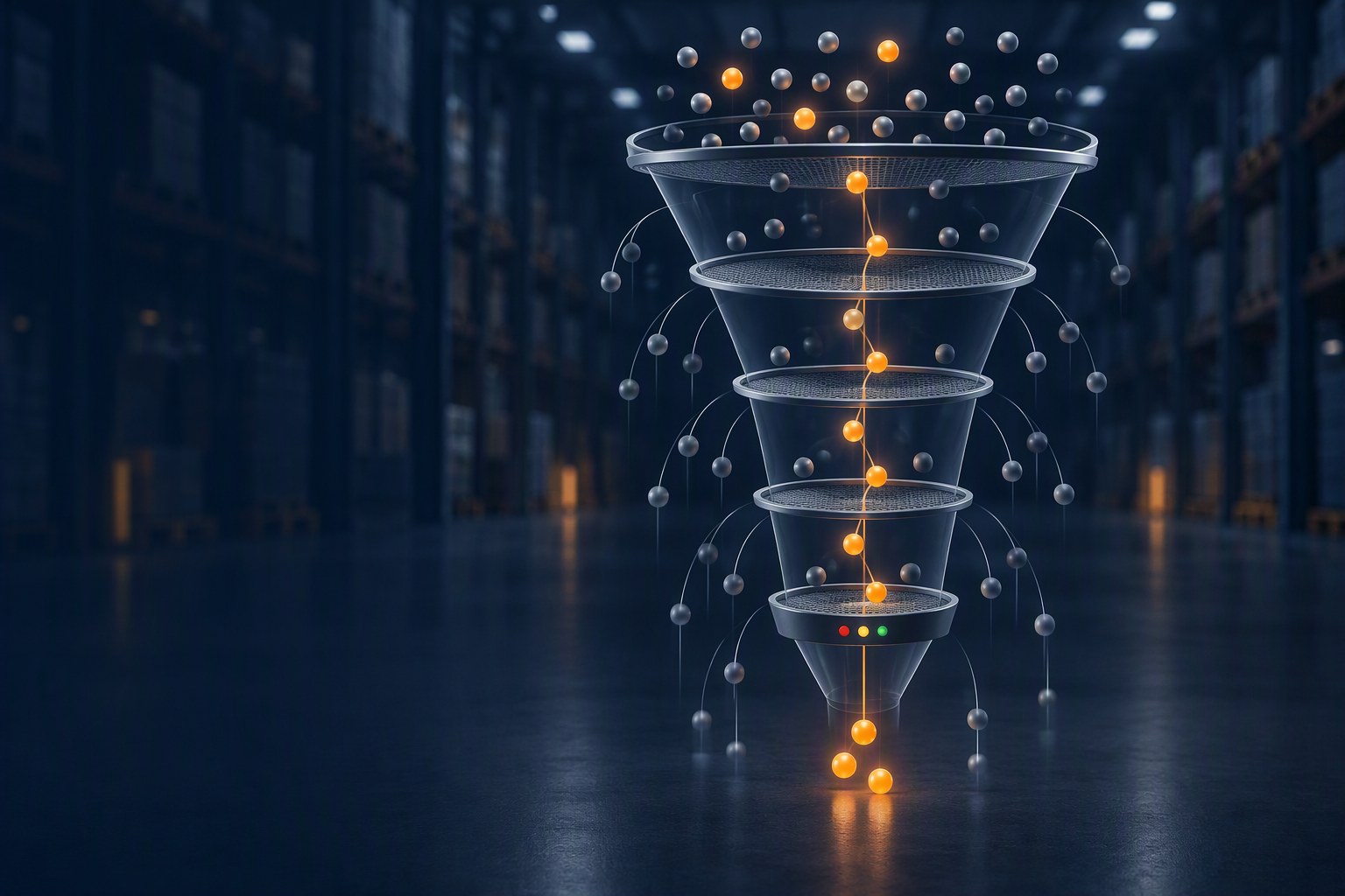 Glass filter funnel with five checkpoints: many AI ideas enter, only a few orange-marked use cases pass every stage