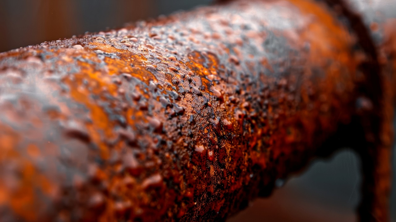 Close-up of a heavily rusted metal pipe covered in orange corrosion and pitting