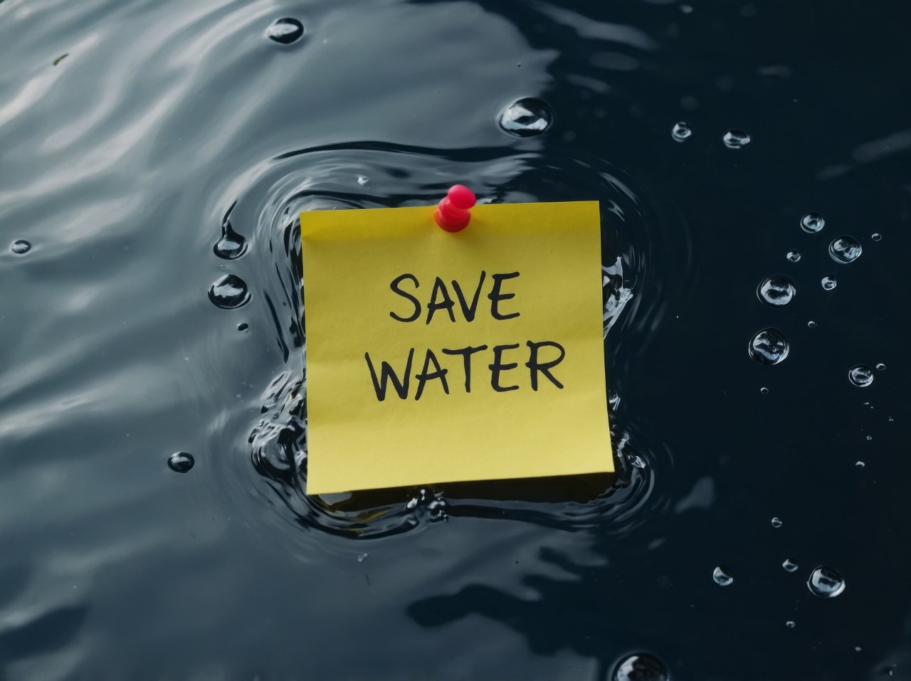 Yellow sticky note reading Save Water pinned to the surface of dark water