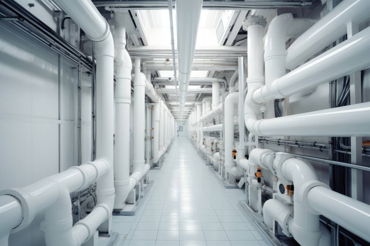 Long white plant room corridor lined with large white pipes, valves and fittings
