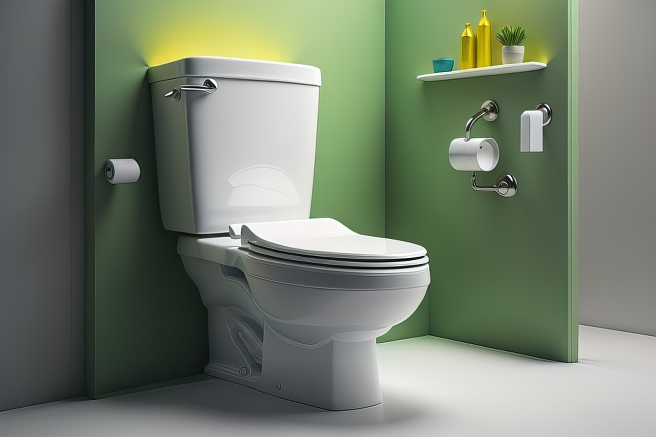 Close-coupled white toilet with a lever flush in a green bathroom alcove