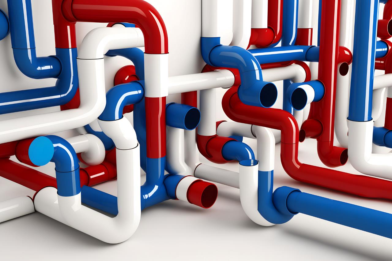 Tangle of red, white and blue plastic pipes and elbow fittings