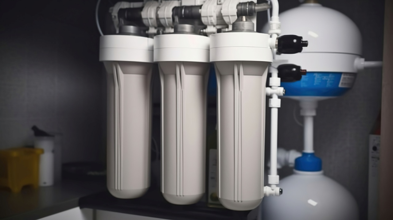 Three white cartridge water filter housings beside a blue and white pressure tank in a cupboard