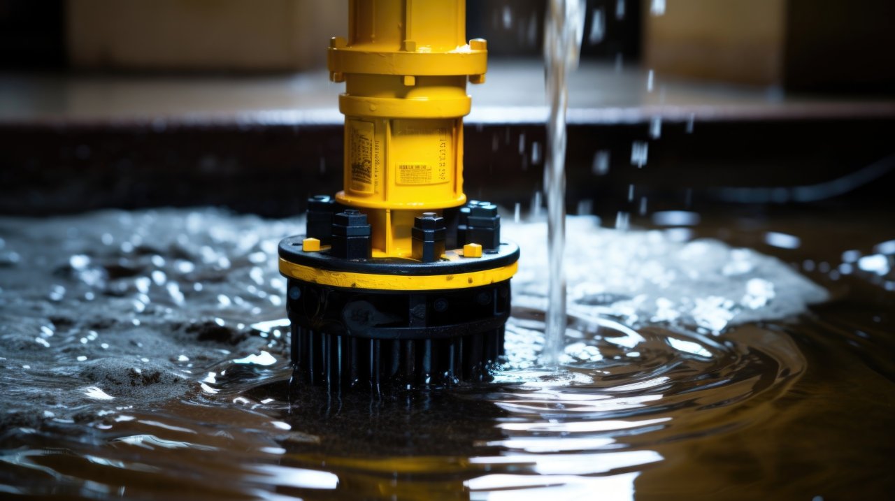 Yellow and black submersible pump standing in dark water with water pouring down beside it