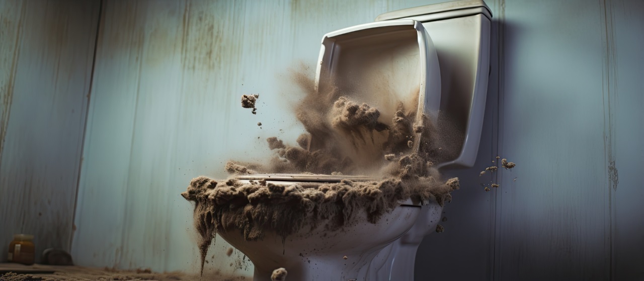 Toilet bursting with brown sludge and dust spraying out from under the open lid