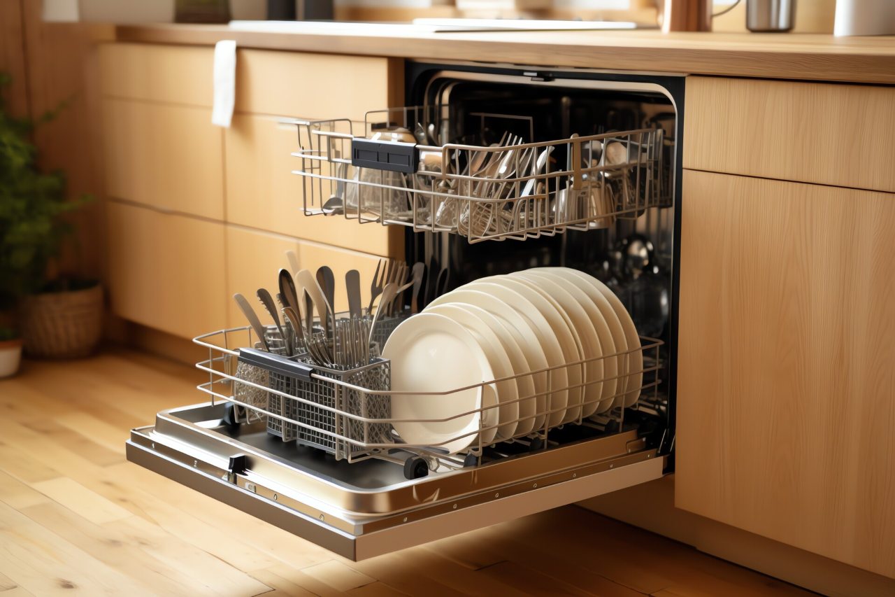 Open dishwasher with plates in the lower rack and cutlery in the top rack