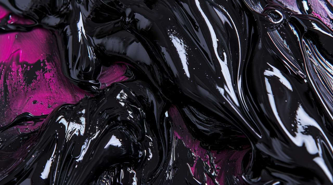 Close-up of glossy black sludge with streaks of magenta underneath