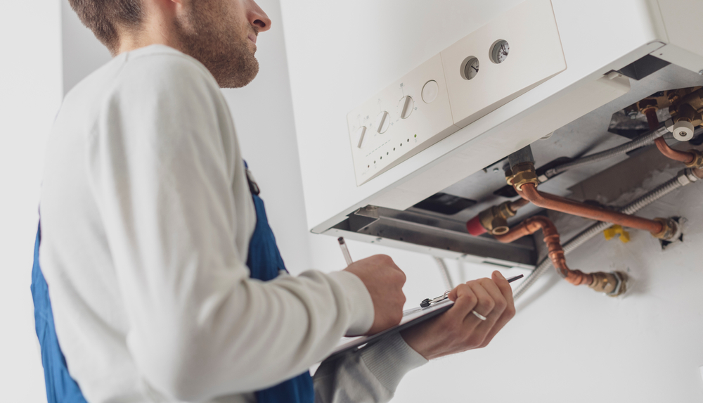 Heating engineer with a clipboard checking the pipework under an open wall-mounted boiler