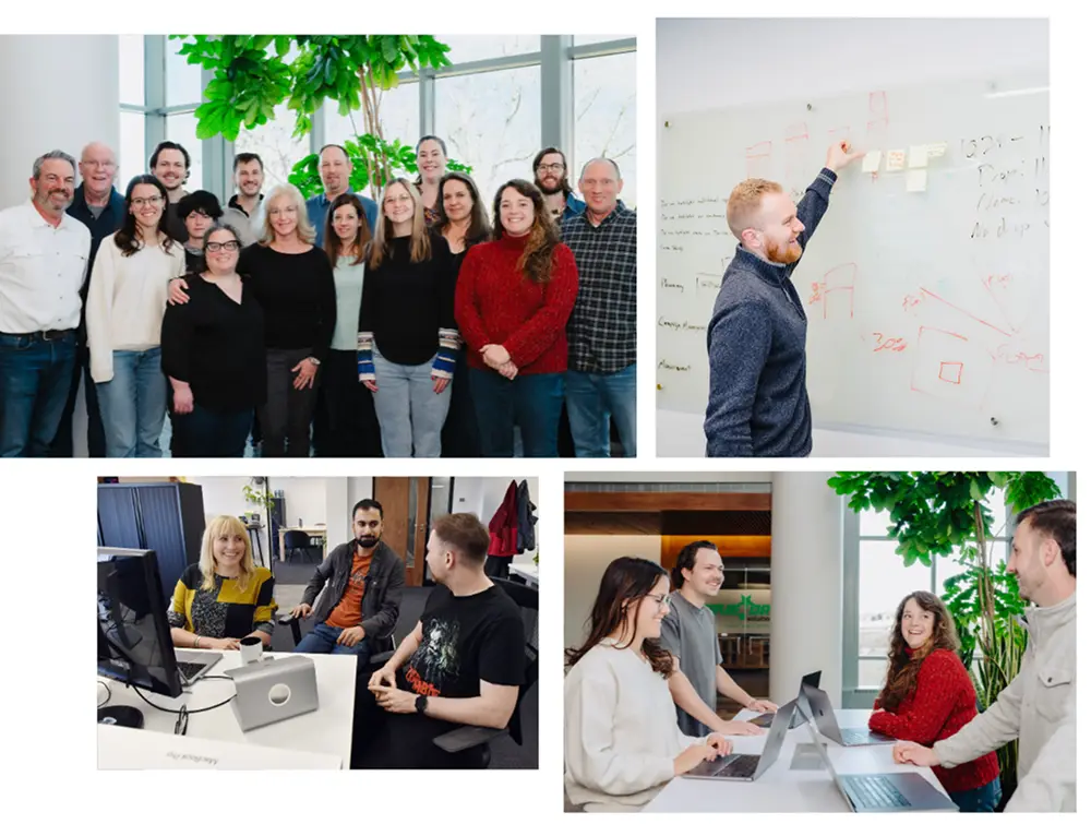 Collage of diverse coworkers collaborating in office: group photo, whiteboard session, and team meetings at desks.