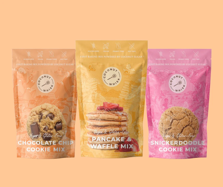 Three Coconut Whisk vegan, gluten-free baking mixes: chocolate chip, pancake & waffle, and snickerdoodle cookie mix.
