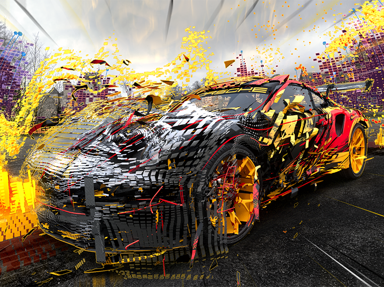 Digital art of a red and black sports car with yellow rims dissolving into pixelated fragments on a dark road.
