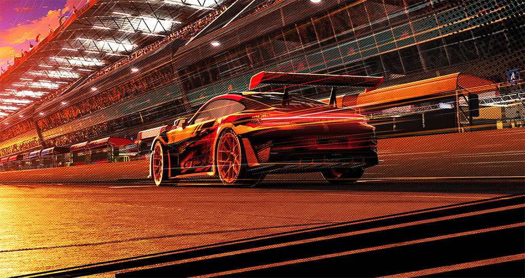 Red sports car with a large rear spoiler racing along a sunlit track under a covered grandstand at sunset.