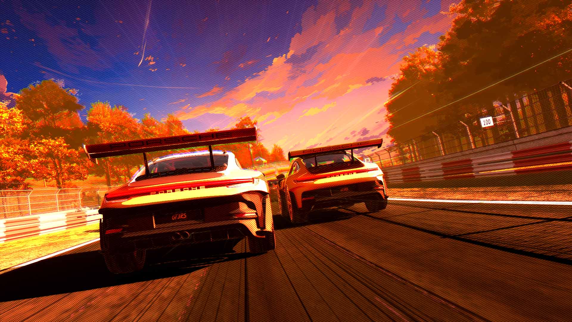 3D image of two Porsche GT3 RS race cars driving side by side on a track at sunset with autumn trees in the background.