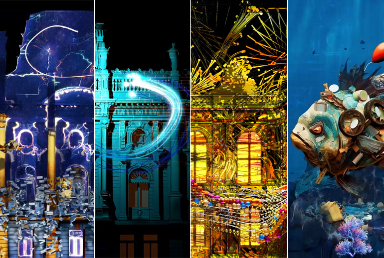 Four vertical panels featuring artistic digital projections on classical architecture and a mechanical fish underwater scene.
